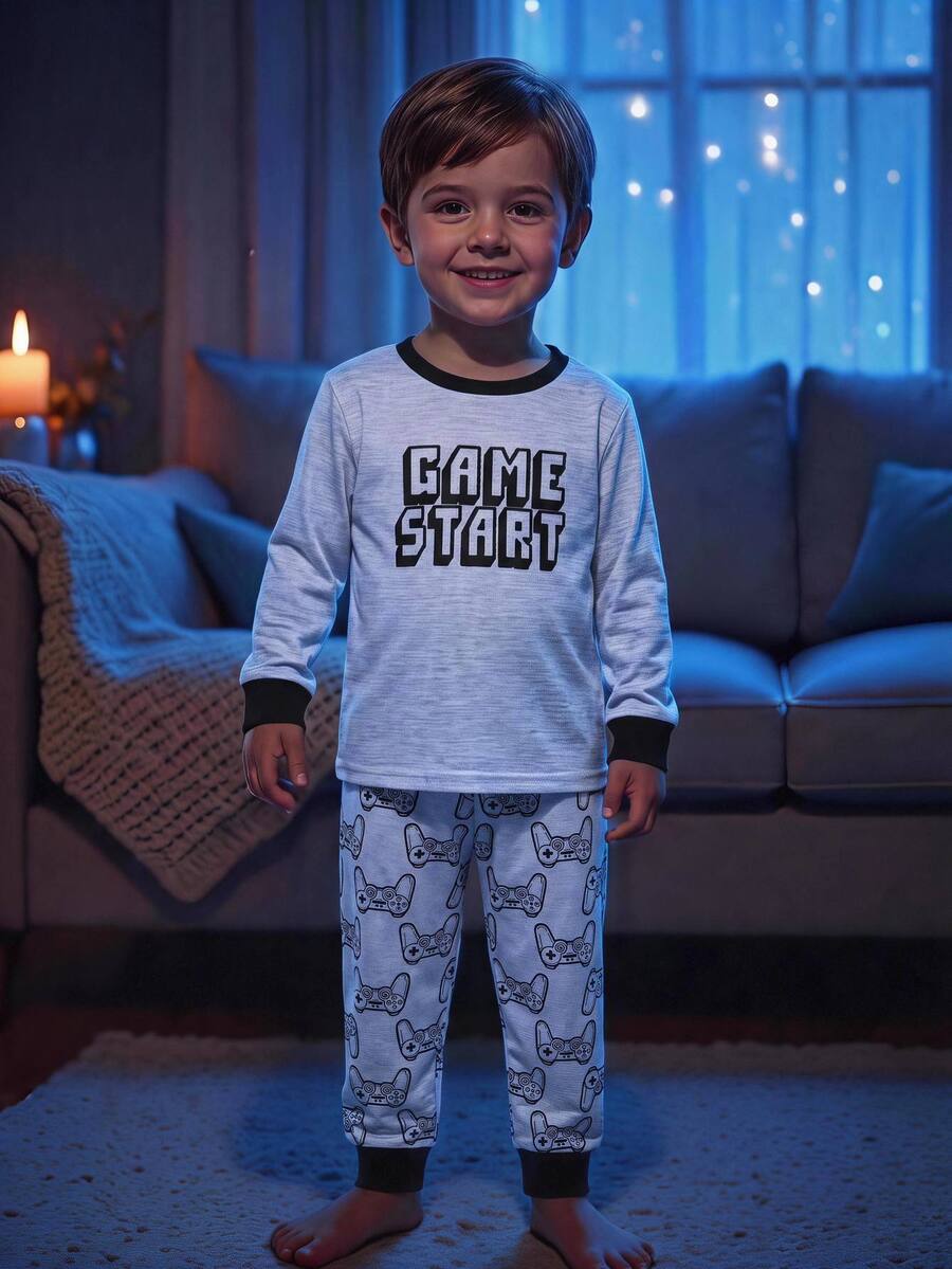 SHEIN Young Boy Letter Graphic Contrast Trim PJ Set - Multicolor - View 1