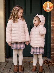SHEIN Elladie kids 女嬰白色連帽冬季外套，3D可愛耳朵裝飾，拉鍊開合設計，1-6歲女童保暖外套，天鵝絨加厚秋季款 - 淺粉色 - 查看 2