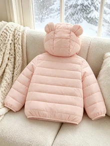 SHEIN Elladie kids 女嬰白色連帽冬季外套，3D可愛耳朵裝飾，拉鍊開合設計，1-6歲女童保暖外套，天鵝絨加厚秋季款 - 淺粉色 - 查看 3
