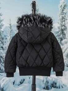SHEIN Elladie kids 女童冬季黑色連帽厚毛領高腰羅紋修身時尚填充外套，休閒百搭秋冬外套 - 黑色 - 查看 4