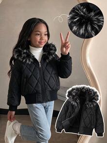 SHEIN Elladie kids 女童冬季黑色連帽厚毛領高腰羅紋修身時尚填充外套，休閒百搭秋冬外套 - 黑色 - 查看 5