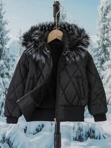 SHEIN Elladie kids 女童冬季黑色連帽厚毛領高腰羅紋修身時尚填充外套，休閒百搭秋冬外套 - 黑色 - 查看 9