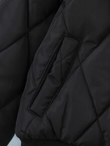 SHEIN Elladie kids 女童冬季黑色連帽厚毛領高腰羅紋修身時尚填充外套，休閒百搭秋冬外套 - 黑色 - 查看 8