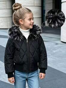 SHEIN Elladie kids 女童冬季黑色連帽厚毛領高腰羅紋修身時尚填充外套，休閒百搭秋冬外套 - 黑色 - 查看 6