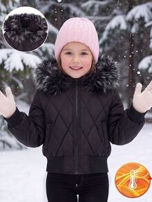 SHEIN Elladie kids 女童冬季黑色連帽厚毛領高腰羅紋修身時尚填充外套，休閒百搭秋冬外套 - 黑色 - 查看 3