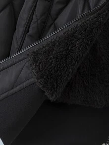 SHEIN Elladie kids 女童冬季黑色連帽厚毛領高腰羅紋修身時尚填充外套，休閒百搭秋冬外套 - 黑色 - 查看 10