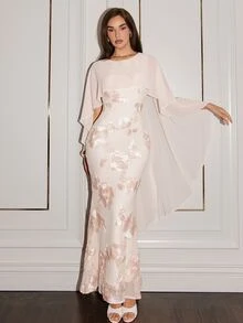 Glamine 女款優雅浪漫刺繡長洋裝 半正式晚宴正式穿著 新娘母親婚禮派對 白色花卉 夏季新年款 - 杏色 - 查看 1