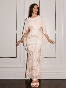 Glamine 女款優雅浪漫刺繡長洋裝 半正式晚宴正式穿著 新娘母親婚禮派對 白色花卉 夏季新年款 - 杏色 - 查看 4