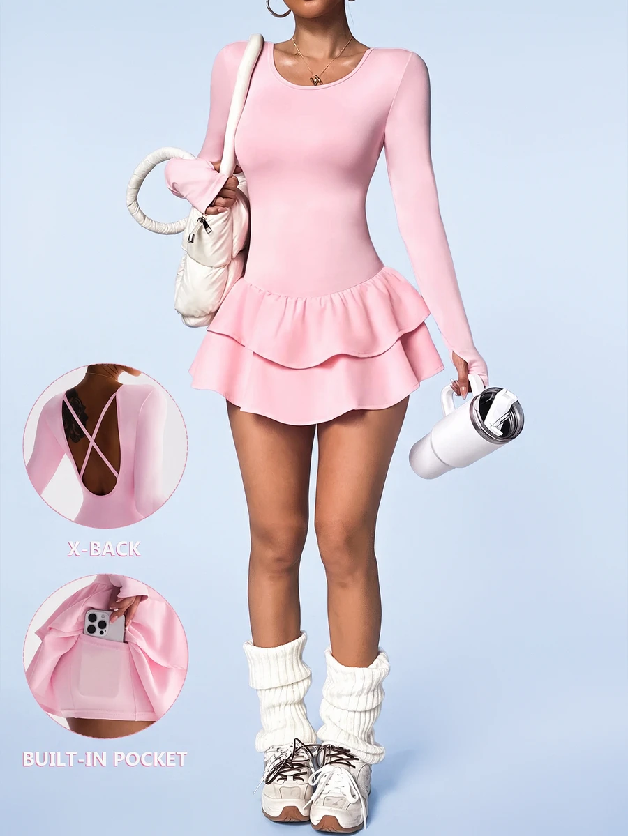 SHEIN Sovereign Charm Women's Soft Pink Long Sleeve Tennis Dress With Pockets,X-Back Ruffle Double-Layer Sports Dress,Milk Silk Fabric,Autumn Athleisure Gym Yoga Outfit