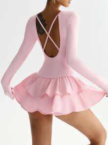 SHEIN Sovereign Charm Women's Soft Pink Long Sleeve Tennis Dress With Pockets,X-Back Ruffle Double-Layer Sports Dress,Milk Silk Fabric,Autumn Athleisure Gym Yoga Outfit - Pink - View 3
