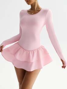 SHEIN Sovereign Charm Women's Soft Pink Long Sleeve Tennis Dress With Pockets,X-Back Ruffle Double-Layer Sports Dress,Milk Silk Fabric,Autumn Athleisure Gym Yoga Outfit - Pink - View 4