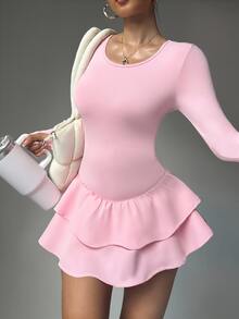 SHEIN Sovereign Charm Women's Soft Pink Long Sleeve Tennis Dress With Pockets,X-Back Ruffle Double-Layer Sports Dress,Milk Silk Fabric,Autumn Athleisure Gym Yoga Outfit - Pink - View 6