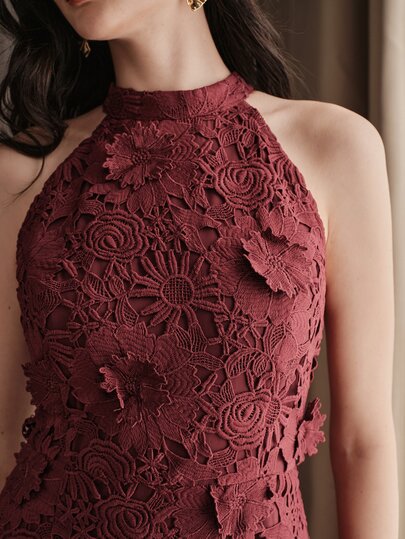 Anewsta Affair Anewsta New Water-Soluble Lace Rose 3D Floral Fabric Sleeveless Halter Neck Bodycon Slimming Straight Long Dress For Women