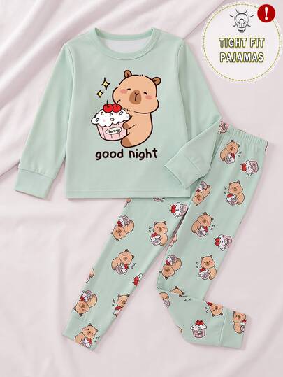 Tween Girls Pajamas New Groundhog Cake Print High Elastic Round Neck Top And All-Over Print Long Pants 2 Pieces Set Snug Fit Autumn/Winter Pajamas