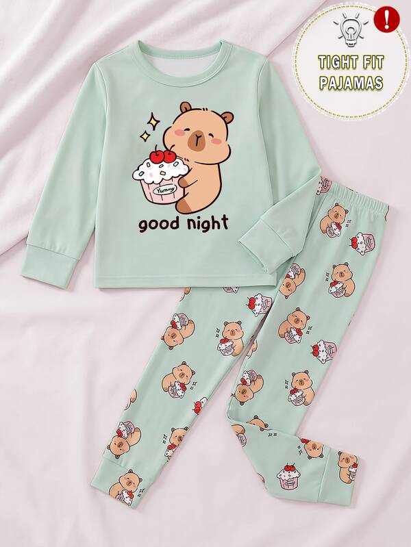Tween Girls Pajamas New Groundhog Cake Print High Elastic Round Neck Top And All-Over Print Long Pants 2 Pieces Set Snug Fit Autumn/Winter Pajamas