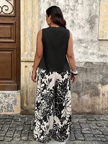 SHEIN LUNE Plus Size Summer Casual Elegant Business Casual Sleeveless Ruffled Crop Top And Wide Leg Pants 2 Pieces Set Vacation Formal Black Black And White - Black - View 2