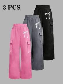 3 Pcs Girls Casual Bowknot Cargo Pants, Elastic Waist Wide Leg Trousers, Lightweight Daily Wear For Spring Fall - Multicolor - View 1