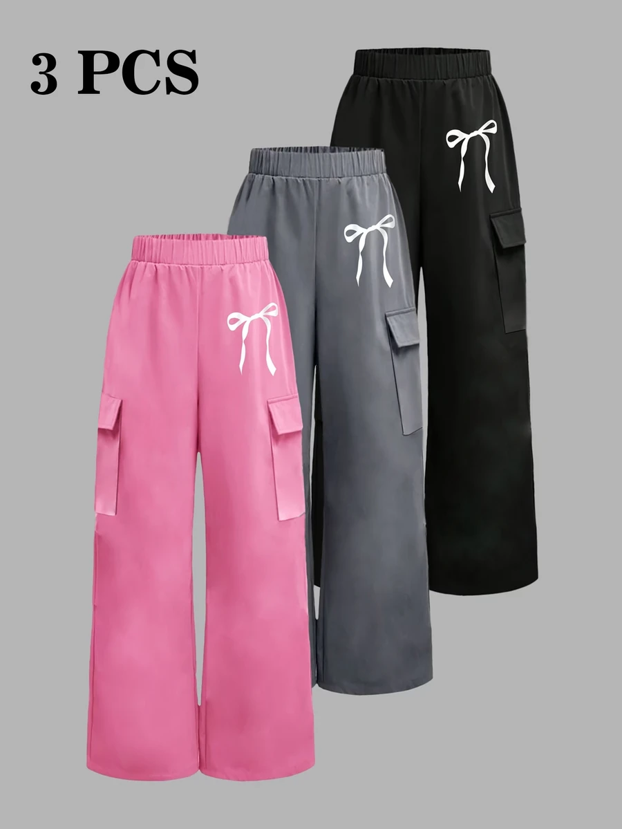 3 Pcs Girls Casual Bowknot Cargo Pants, Elastic Waist Wide Leg Trousers, Lightweight Daily Wear For Spring Fall - Multicolor - View 1