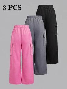 3 Pcs Girls Casual Bowknot Cargo Pants, Elastic Waist Wide Leg Trousers, Lightweight Daily Wear For Spring Fall - Multicolor - View 2