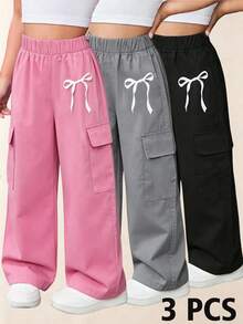 3 Pcs Girls Casual Bowknot Cargo Pants, Elastic Waist Wide Leg Trousers, Lightweight Daily Wear For Spring Fall - Multicolor - View 3