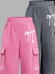 3 Pcs Girls Casual Bowknot Cargo Pants, Elastic Waist Wide Leg Trousers, Lightweight Daily Wear For Spring Fall - Multicolor - View 6
