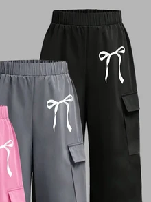 3 Pcs Girls Casual Bowknot Cargo Pants, Elastic Waist Wide Leg Trousers, Lightweight Daily Wear For Spring Fall - Multicolor - View 4