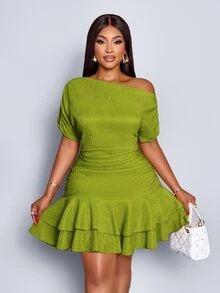 SOLERSUN 女士优雅派对日间杏色针织不对称领口长袖褶皱双褶迷你连衣裙 - 綠色 - 查看 6