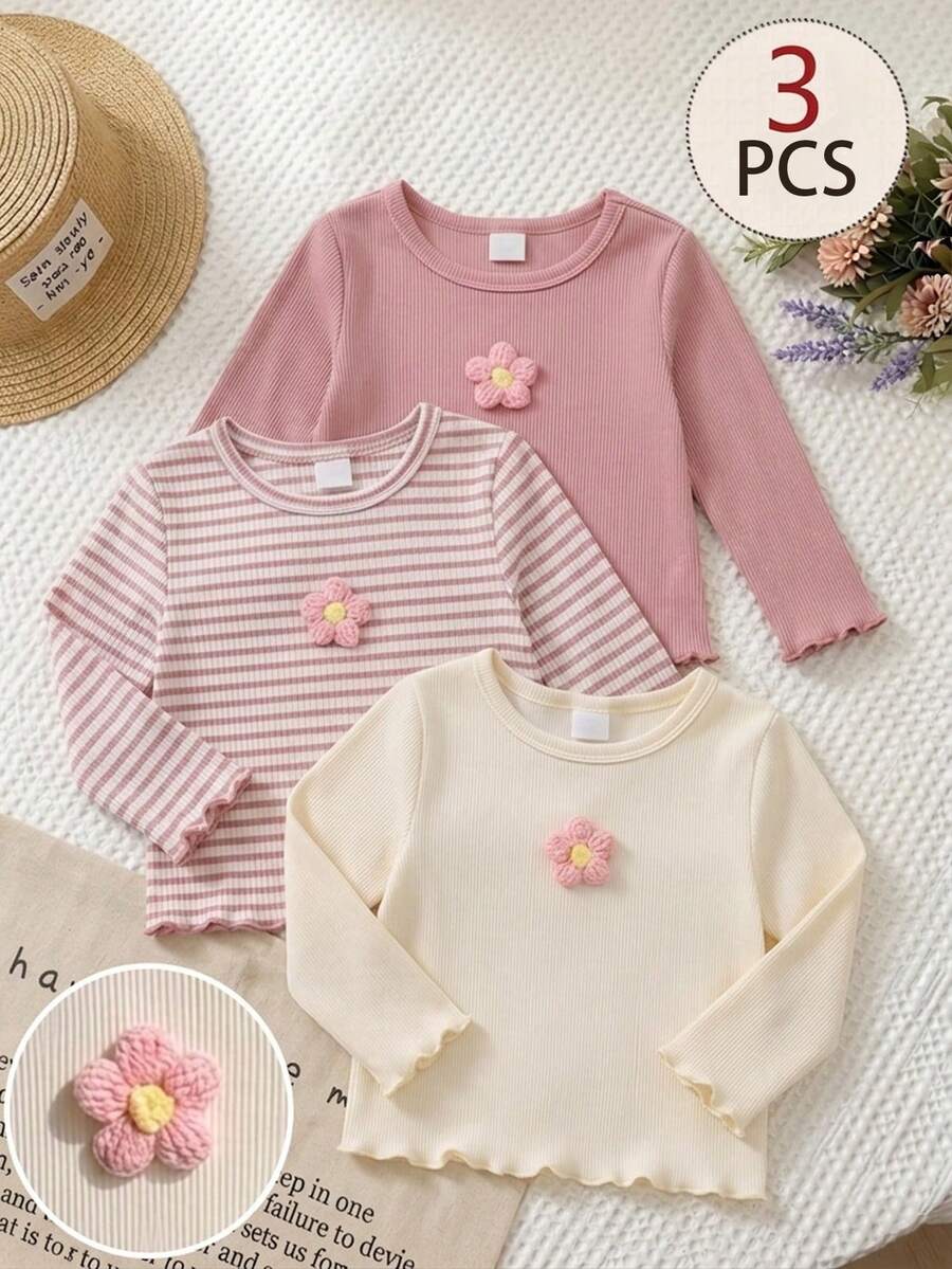 SHEIN 少女針織純色條紋3D花卉圓領長袖三件套 - 彩色 - 查看 1