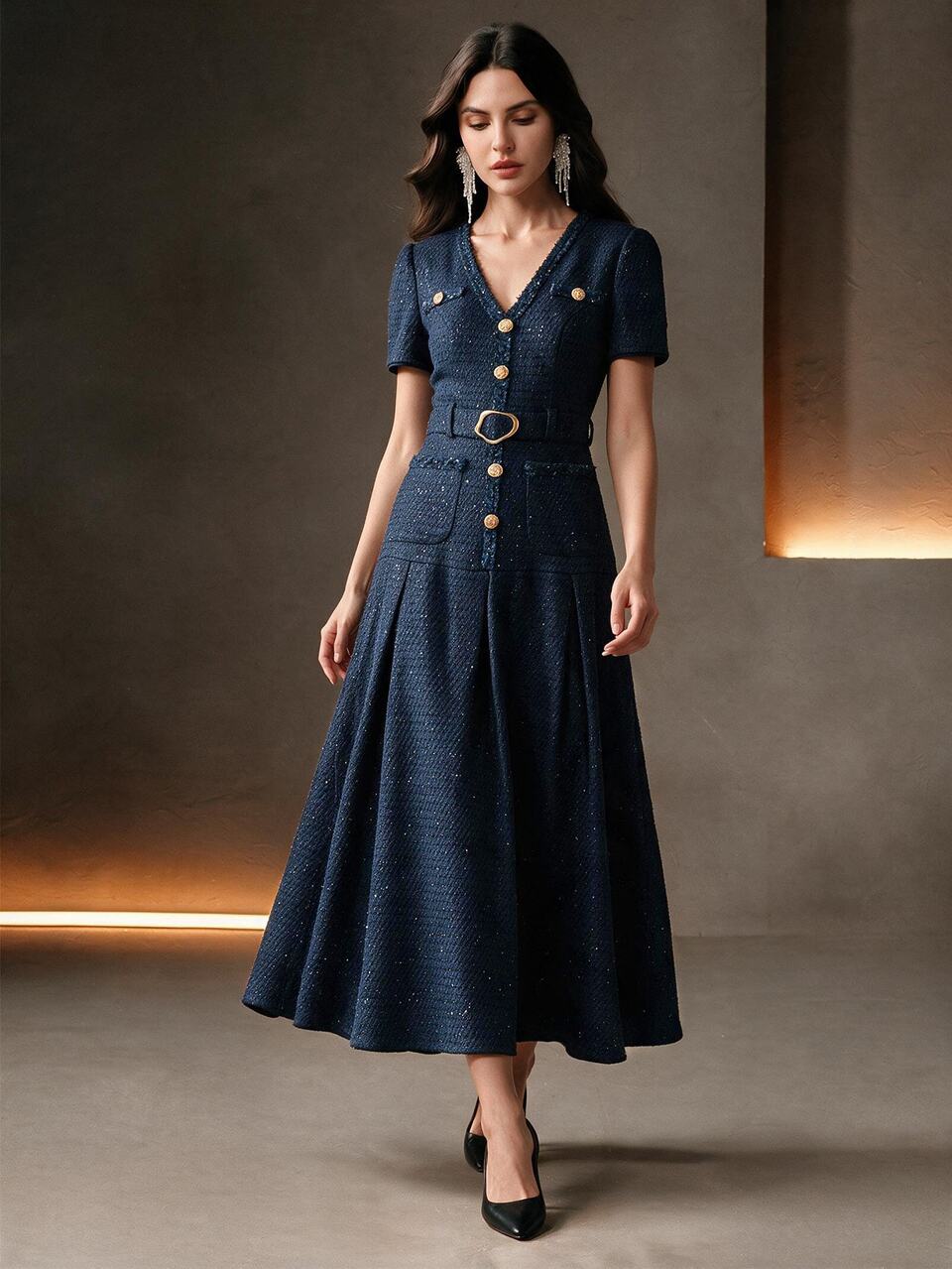 Anewsta Early Summer V-Neck Short Sleeve Elegant Textured Fabric Beaded Sequin Metal Buckle Cinched Waist Long Dress For Women Teachers' Day