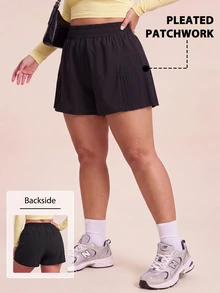 SHEIN Rhythm Era Women's Plus Size Solid Color Pleated Casual Versatile Daily Travel Sports Shorts - Black - View 1