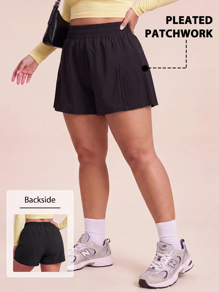 SHEIN Rhythm Era Women's Plus Size Solid Color Pleated Casual Versatile Daily Travel Sports Shorts - Black - View 1