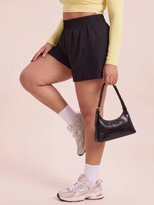 SHEIN Rhythm Era Women's Plus Size Solid Color Pleated Casual Versatile Daily Travel Sports Shorts - Black - View 4
