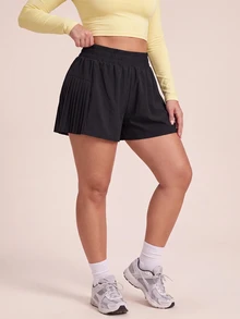 SHEIN Rhythm Era Women's Plus Size Solid Color Pleated Casual Versatile Daily Travel Sports Shorts - Black - View 3