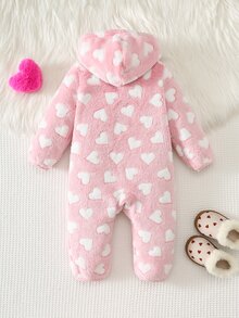 Cozy Pixies 女嬰愛心圖案保暖內裡加厚連帽長袖連身冬季連身褲，百搭舒適 - 粉色 - 查看 2