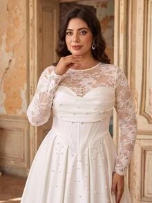 Aureia Plus Size Elegant Romantic Luxurious Lace Chinese Style Stand Collar Sheer Lace Long Sleeve Corset Boning Pleated Applique Extra Large A-Line Skirt Suitable For Evening Party Date Wedding Event Bridal Gown - White - View 3