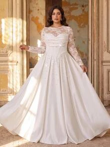 Aureia Plus Size Elegant Romantic Luxurious Lace Chinese Style Stand Collar Sheer Lace Long Sleeve Corset Boning Pleated Applique Extra Large A-Line Skirt Suitable For Evening Party Date Wedding Event Bridal Gown - White - View 5