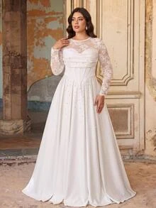 Aureia Plus Size Elegant Romantic Luxurious Lace Chinese Style Stand Collar Sheer Lace Long Sleeve Corset Boning Pleated Applique Extra Large A-Line Skirt Suitable For Evening Party Date Wedding Event Bridal Gown - White - View 8
