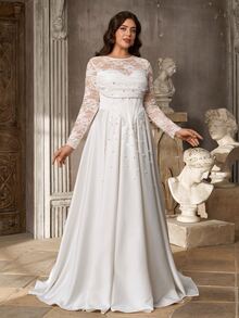 Aureia Plus Size Elegant Romantic Luxurious Lace Chinese Style Stand Collar Sheer Lace Long Sleeve Corset Boning Pleated Applique Extra Large A-Line Skirt Suitable For Evening Party Date Wedding Event Bridal Gown - White - View 6
