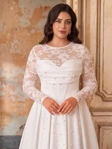 Aureia Plus Size Elegant Romantic Luxurious Lace Chinese Style Stand Collar Sheer Lace Long Sleeve Corset Boning Pleated Applique Extra Large A-Line Skirt Suitable For Evening Party Date Wedding Event Bridal Gown - White - View 4