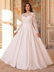 Aureia Plus Size Elegant Romantic Luxurious Lace Chinese Style Stand Collar Sheer Lace Long Sleeve Corset Boning Pleated Applique Extra Large A-Line Skirt Suitable For Evening Party Date Wedding Event Bridal Gown - White - View 2