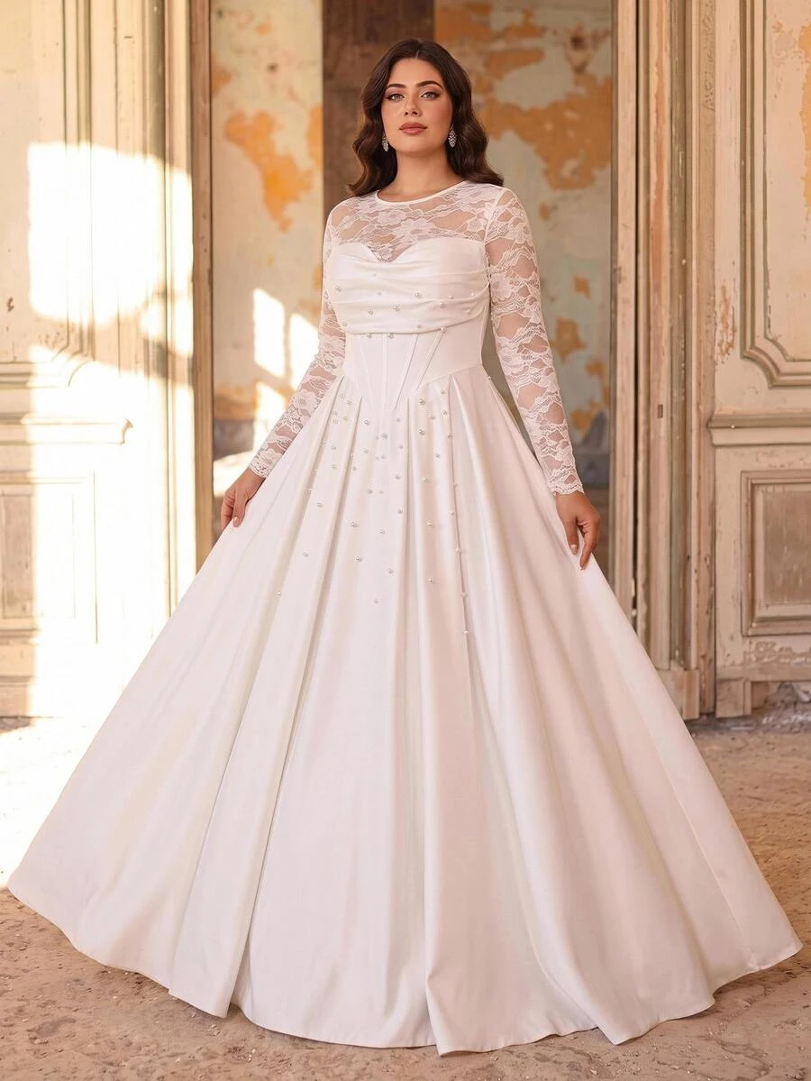 Aureia Plus Size Elegant Romantic Luxurious Lace Chinese Style Stand Collar Sheer Lace Long Sleeve Corset Boning Pleated Applique Extra Large A-Line Skirt Suitable For Evening Party Date Wedding Event Bridal Gown