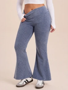 SHEIN Rhythm Era Women's Plus Size Solid Color Casual Daily Wear Sports Leggings - Blue - View 3