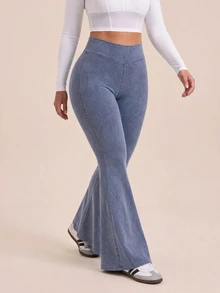SHEIN Rhythm Era Women's Plus Size Solid Color Casual Daily Wear Sports Leggings - Blue - View 4