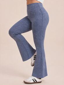 SHEIN Rhythm Era Women's Plus Size Solid Color Casual Daily Wear Sports Leggings - Blue - View 5