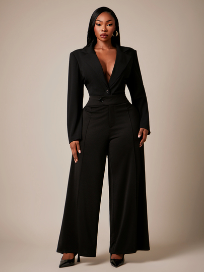 Radiana Bodysuit Blazer Feminino Plus Size com Ombros Largos Acolchoados e Manga Longa, Cor Sólida, Estilo Fashion, Adequado para Deslocamento Elegante, Mulheres Profissionais, Office Siren