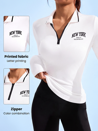 SHEIN Sovereign Charm Women's Front Zip Long Sleeve Casual Sporty Letter Print Sporty Polo Shirt Back-To-School Gym White And Black Autumn