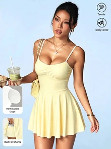 SHEIN Sovereign Charm 女款素色百褶細肩帶運動洋裝 - 彩色 - 查看 5