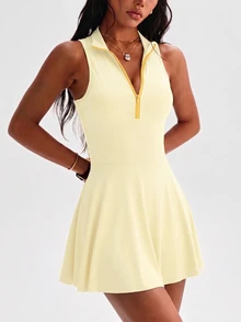 SHEIN Sovereign Charm Spring/Summer Women's Sports Dress, Butter Yellow, Regular Fit, Stand Collar, Sleeveless, Colorblock Half-Open Collar With Built-In Shorts And Pockets - Yellow - View 4