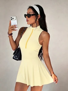 SHEIN Sovereign Charm Spring/Summer Women's Sports Dress, Butter Yellow, Regular Fit, Stand Collar, Sleeveless, Colorblock Half-Open Collar With Built-In Shorts And Pockets - Yellow - View 5