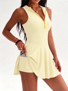SHEIN Sovereign Charm Spring/Summer Women's Sports Dress, Butter Yellow, Regular Fit, Stand Collar, Sleeveless, Colorblock Half-Open Collar With Built-In Shorts And Pockets - Yellow - View 6